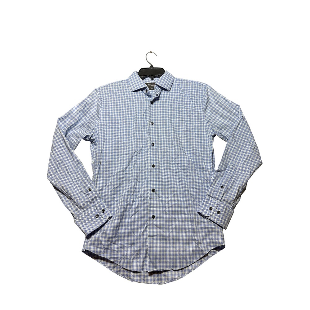 Nordstrom Men's Shop Button Down Shirt Mens 15 Blue Plaid Non-Iron Trim Fit